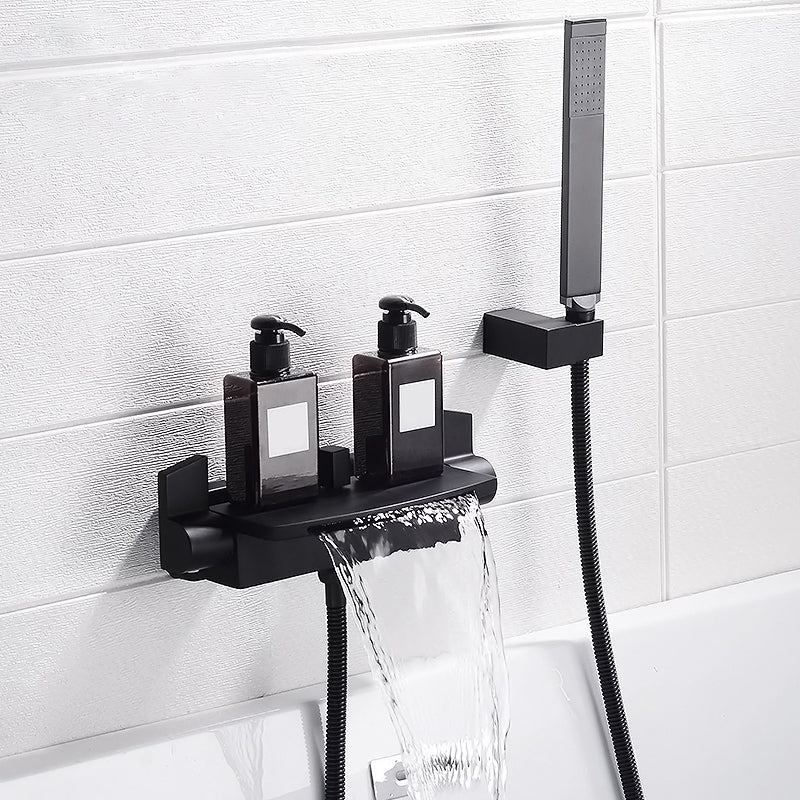 Wall Mounted Metal Tub Filler Low Arc Freestanding Bathtub Faucet Black Hand Shower Included Risers Not Included Clearhalo 'Bathroom Remodel & Bathroom Fixtures' 'Bathtub Faucets' 'bathtub_faucets' 'Home Improvement' 'home_improvement' 'home_improvement_bathtub_faucets' 6715911