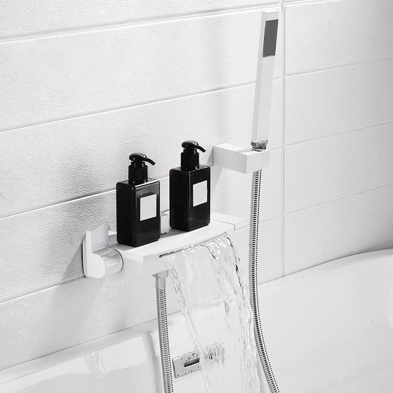 Wall Mounted Metal Tub Filler Low Arc Freestanding Bathtub Faucet White Hand Shower Included Risers Not Included Clearhalo 'Bathroom Remodel & Bathroom Fixtures' 'Bathtub Faucets' 'bathtub_faucets' 'Home Improvement' 'home_improvement' 'home_improvement_bathtub_faucets' 6715915