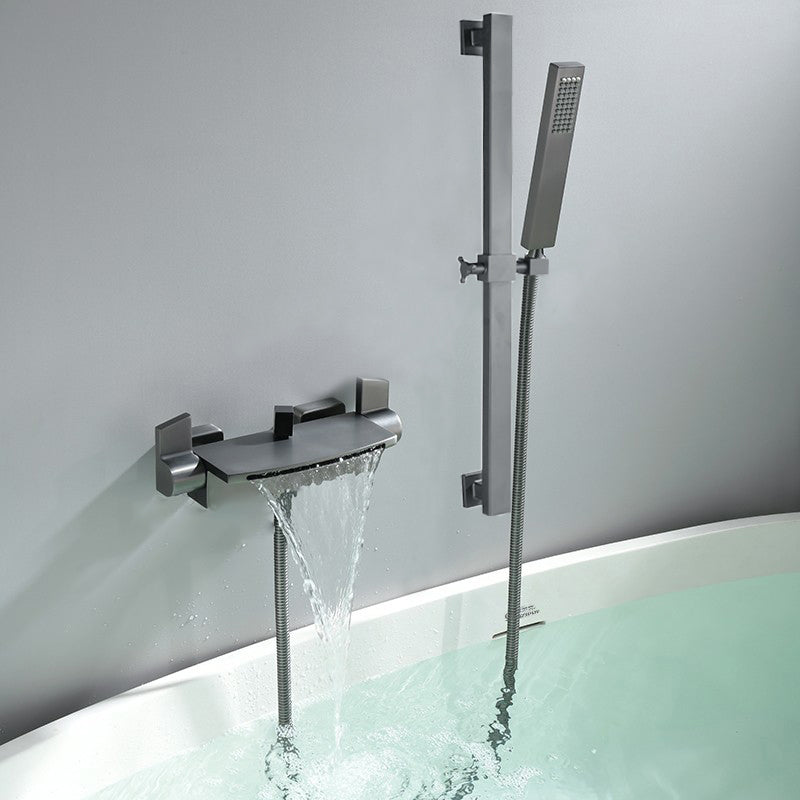 Wall Mounted Metal Tub Filler Low Arc Freestanding Bathtub Faucet Gun Grey Hand Shower Included Risers Included Clearhalo 'Bathroom Remodel & Bathroom Fixtures' 'Bathtub Faucets' 'bathtub_faucets' 'Home Improvement' 'home_improvement' 'home_improvement_bathtub_faucets' 6715916