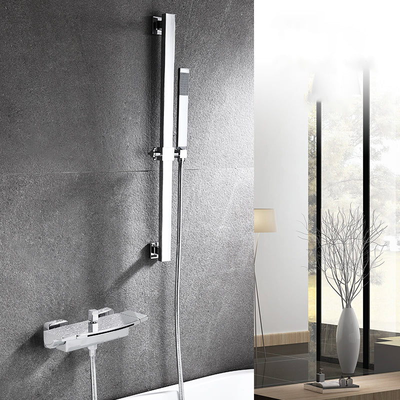 Wall Mounted Metal Tub Filler Low Arc Freestanding Bathtub Faucet Silver Hand Shower Included Risers Included Clearhalo 'Bathroom Remodel & Bathroom Fixtures' 'Bathtub Faucets' 'bathtub_faucets' 'Home Improvement' 'home_improvement' 'home_improvement_bathtub_faucets' 6715926