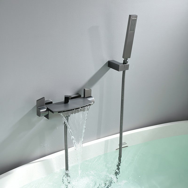 Wall Mounted Metal Tub Filler Low Arc Freestanding Bathtub Faucet Gun Grey Hand Shower Included Risers Not Included Clearhalo 'Bathroom Remodel & Bathroom Fixtures' 'Bathtub Faucets' 'bathtub_faucets' 'Home Improvement' 'home_improvement' 'home_improvement_bathtub_faucets' 6715928