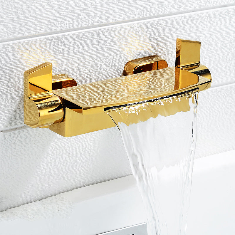 Wall Mounted Metal Tub Filler Low Arc Freestanding Bathtub Faucet Gold Hand Shower Not Included Risers Not Included Clearhalo 'Bathroom Remodel & Bathroom Fixtures' 'Bathtub Faucets' 'bathtub_faucets' 'Home Improvement' 'home_improvement' 'home_improvement_bathtub_faucets' 6715930