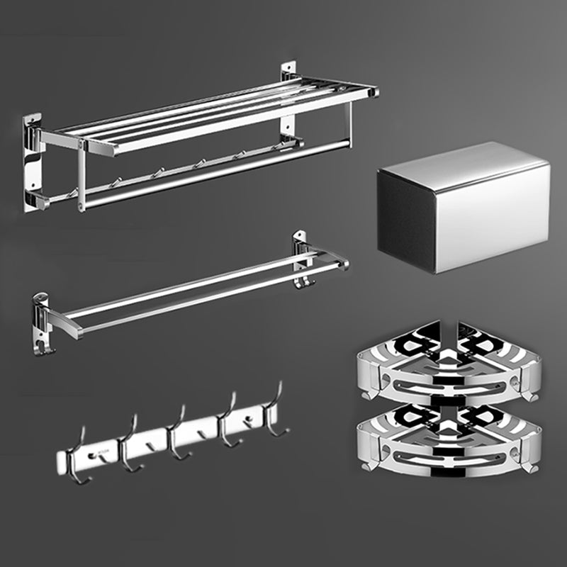 Modern Bathroom Set Stainless Steel Bath Shelf Paper Holder Bathroom Accessory Kit 6-Piece Set (Row Hook) Clearhalo 'Bathroom Hardware Sets' 'Bathroom Hardware' 'Bathroom Remodel & Bathroom Fixtures' 'bathroom_hardware_sets' 'Home Improvement' 'home_improvement' 'home_improvement_bathroom_hardware_sets' 6717930