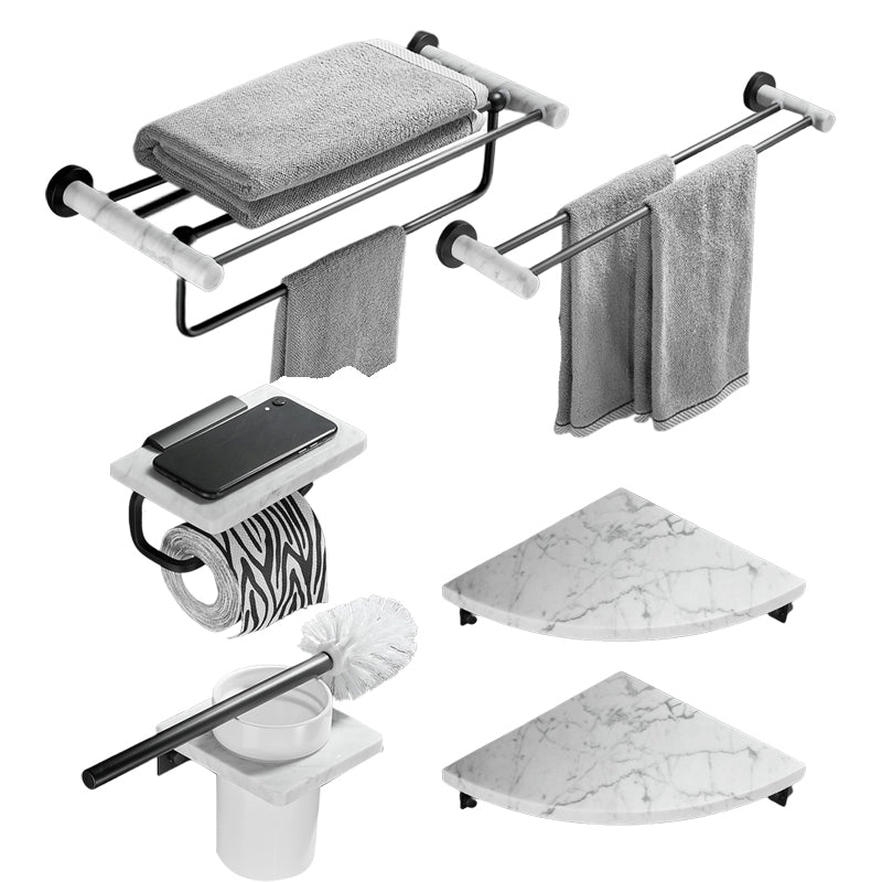 Metal & Marble Bathroom Hardware Set as Individual or as a Set in Black 6-Piece Set (Double Rods) Clearhalo 'Bathroom Hardware Sets' 'Bathroom Hardware' 'Bathroom Remodel & Bathroom Fixtures' 'bathroom_hardware_sets' 'Home Improvement' 'home_improvement' 'home_improvement_bathroom_hardware_sets' 6718002