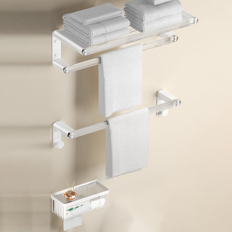 White Metal & Acrylic Bathroom Accessory as Individual or as a Set with Bath Shelf Towel Rack with Towel Bar and Toilet Paper Holder Clearhalo 'Bathroom Hardware Sets' 'Bathroom Hardware' 'Bathroom Remodel & Bathroom Fixtures' 'bathroom_hardware_sets' 'Home Improvement' 'home_improvement' 'home_improvement_bathroom_hardware_sets' 6718211