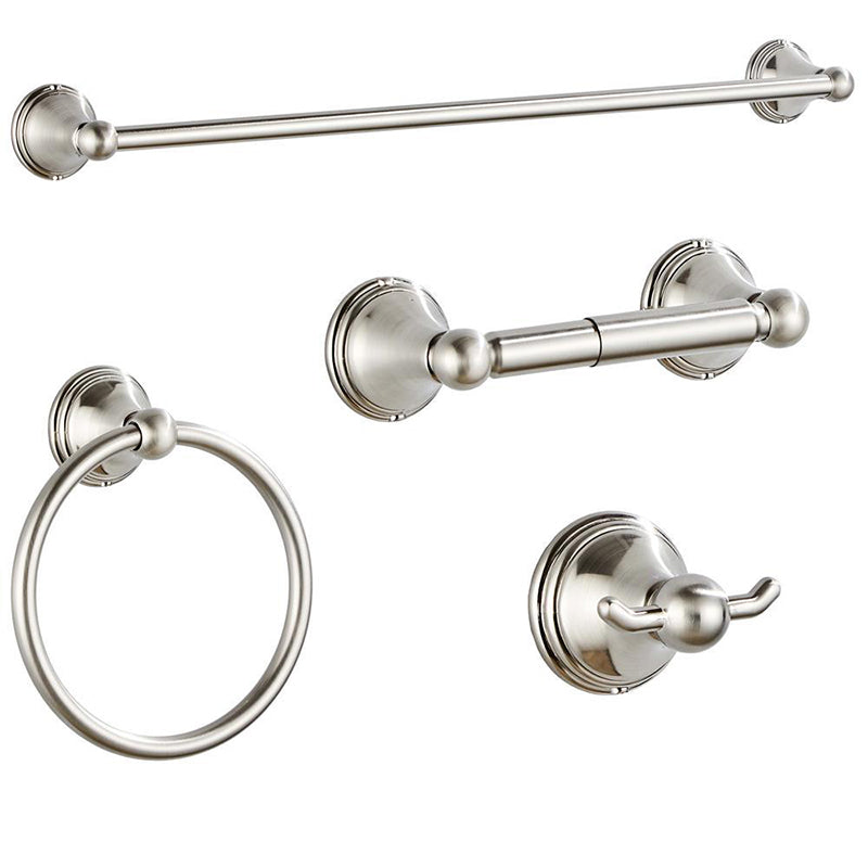 4- Piece Bathroom Accessory Set with Towel Bar& Ring /Robe Hooks/Paper Holder Silver 4-Piece Set Clearhalo 'Bathroom Hardware Sets' 'Bathroom Hardware' 'Bathroom Remodel & Bathroom Fixtures' 'bathroom_hardware_sets' 'Home Improvement' 'home_improvement' 'home_improvement_bathroom_hardware_sets' 6718435