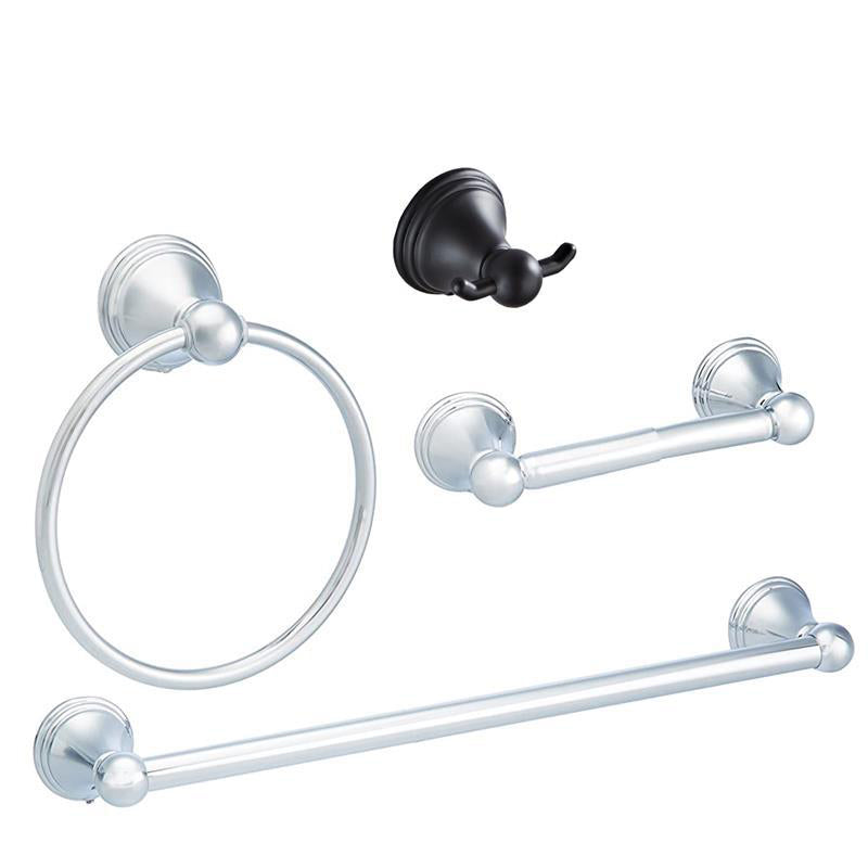 4- Piece Bathroom Accessory Set with Towel Bar& Ring /Robe Hooks/Paper Holder Chrome 4-Piece Set Clearhalo 'Bathroom Hardware Sets' 'Bathroom Hardware' 'Bathroom Remodel & Bathroom Fixtures' 'bathroom_hardware_sets' 'Home Improvement' 'home_improvement' 'home_improvement_bathroom_hardware_sets' 6718437