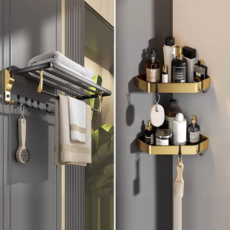 Contemporary Stainless Bathroom Accessory As Individual Or As a Set in Black and Gold Towel Rack with Bath Shelf (Triangular) Clearhalo 'Bathroom Hardware Sets' 'Bathroom Hardware' 'Bathroom Remodel & Bathroom Fixtures' 'bathroom_hardware_sets' 'Home Improvement' 'home_improvement' 'home_improvement_bathroom_hardware_sets' 6718493