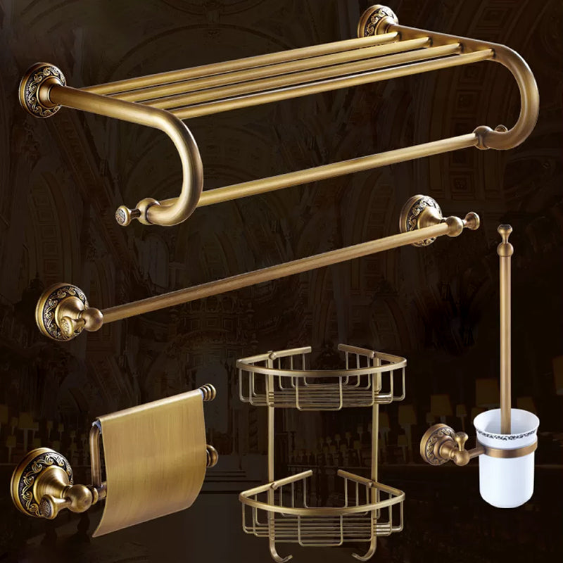 Traditional Brass Bathroom Accessory Set Brushed Bronze Bathroom Set Curved Bar Single Rod 5-Piece Set (8"L Toilet Paper Holder) Clearhalo 'Bathroom Hardware Sets' 'Bathroom Hardware' 'Bathroom Remodel & Bathroom Fixtures' 'bathroom_hardware_sets' 'Home Improvement' 'home_improvement' 'home_improvement_bathroom_hardware_sets' 6719603