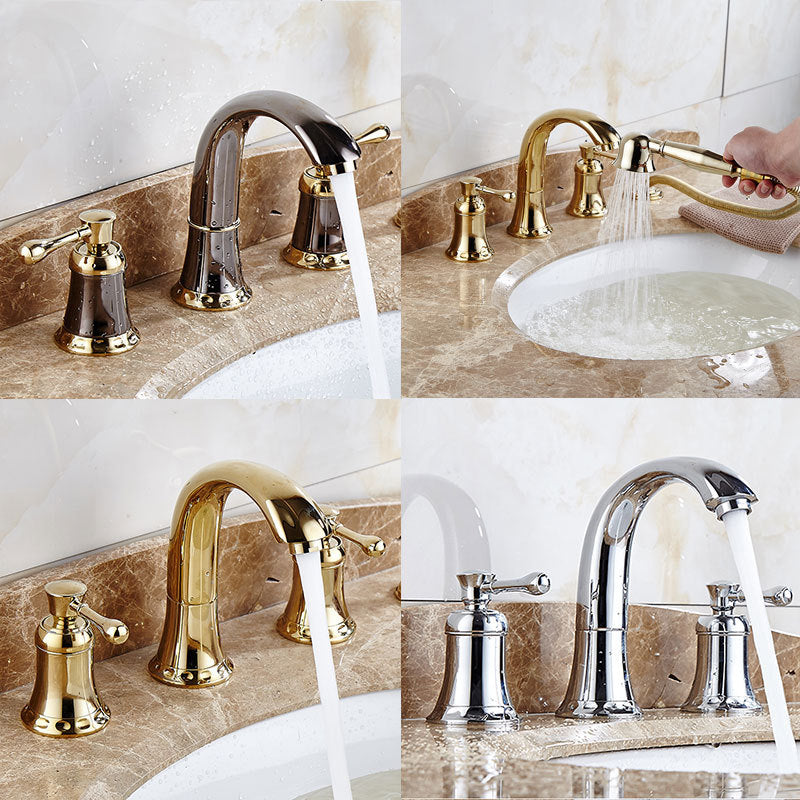 Glam Style Faucet Widespread Sink Faucet with 2 Lever Handles Clearhalo 'Bathroom Remodel & Bathroom Fixtures' 'Bathroom Sink Faucets' 'Bathroom Sinks & Faucet Components' 'bathroom_sink_faucets' 'Home Improvement' 'home_improvement' 'home_improvement_bathroom_sink_faucets' 6726961
