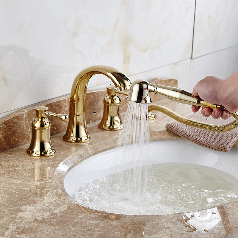 Glam Style Faucet Widespread Sink Faucet with 2 Lever Handles Clearhalo 'Bathroom Remodel & Bathroom Fixtures' 'Bathroom Sink Faucets' 'Bathroom Sinks & Faucet Components' 'bathroom_sink_faucets' 'Home Improvement' 'home_improvement' 'home_improvement_bathroom_sink_faucets' 6726964