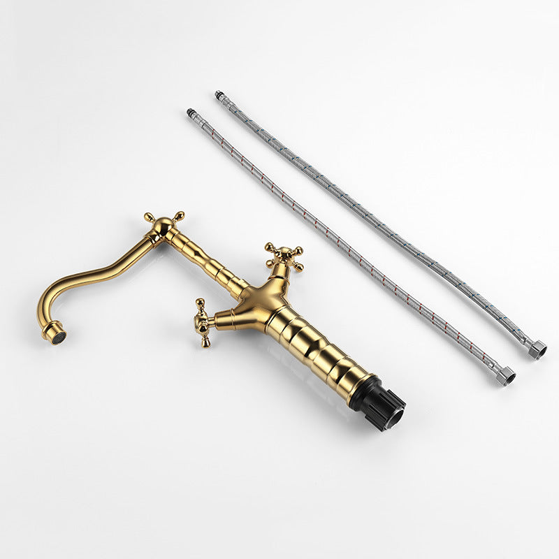 Glam Centerset Faucet Brass Cross Handles High-Arc 2 Handles Basin Lavatory Faucet Clearhalo 'Bathroom Remodel & Bathroom Fixtures' 'Bathroom Sink Faucets' 'Bathroom Sinks & Faucet Components' 'bathroom_sink_faucets' 'Home Improvement' 'home_improvement' 'home_improvement_bathroom_sink_faucets' 6727111