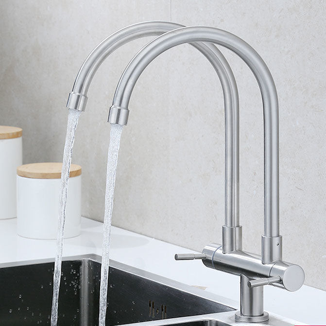 Double Handle Kitchen Faucet 2-Function Faucet with Deck Plate Common Supply Lines Not Included Clearhalo 'Home Improvement' 'home_improvement' 'home_improvement_kitchen_faucets' 'Kitchen Faucets' 'Kitchen Remodel & Kitchen Fixtures' 'Kitchen Sinks & Faucet Components' 'kitchen_faucets' 6727124
