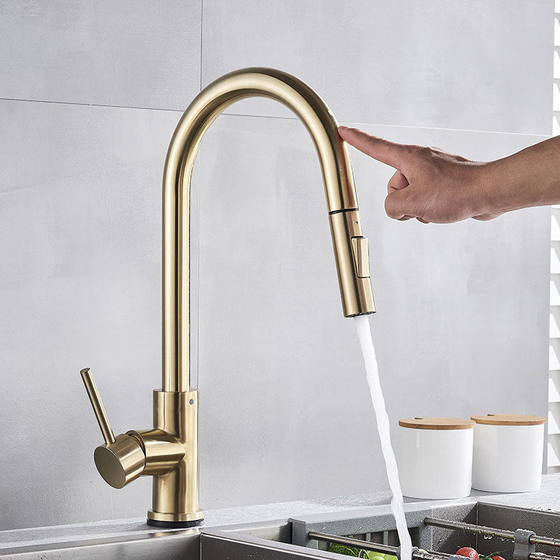 Contemporary Single Handle Kitchen Faucet 1-Hold Faucet with Pull out Sprayer Gold Touch Clearhalo 'Home Improvement' 'home_improvement' 'home_improvement_kitchen_faucets' 'Kitchen Faucets' 'Kitchen Remodel & Kitchen Fixtures' 'Kitchen Sinks & Faucet Components' 'kitchen_faucets' 6727212