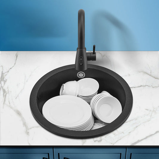 Contemporary Style Kitchen Sink Quartz Single Bowl Kitchen Sink with Basket Strainer Clearhalo 'Home Improvement' 'home_improvement' 'home_improvement_kitchen_sinks' 'Kitchen Remodel & Kitchen Fixtures' 'Kitchen Sinks & Faucet Components' 'Kitchen Sinks' 'kitchen_sinks' 6727306