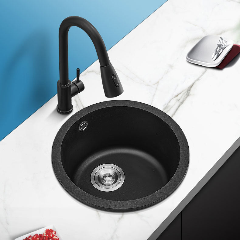 Contemporary Style Kitchen Sink Quartz Single Bowl Kitchen Sink with Basket Strainer 14.2"L x 14.2"W x 7.1"H Sink with Faucet Pull Out Faucet Clearhalo 'Home Improvement' 'home_improvement' 'home_improvement_kitchen_sinks' 'Kitchen Remodel & Kitchen Fixtures' 'Kitchen Sinks & Faucet Components' 'Kitchen Sinks' 'kitchen_sinks' 6727309