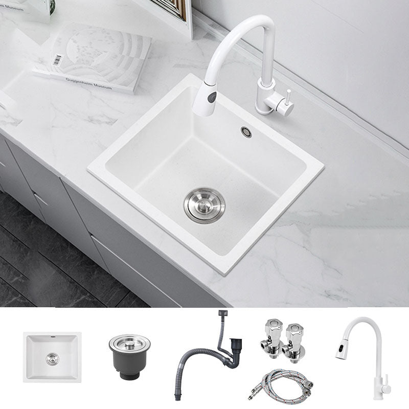 Modern Style Kitchen Sink Quartz Single Bowl Kitchen Sink with Square Shape Sink with Faucet Pull Out Faucet Clearhalo 'Home Improvement' 'home_improvement' 'home_improvement_kitchen_sinks' 'Kitchen Remodel & Kitchen Fixtures' 'Kitchen Sinks & Faucet Components' 'Kitchen Sinks' 'kitchen_sinks' 6727407