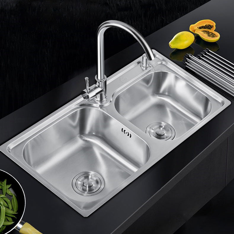 Modern Stainless Steel Kitchen Sink Double Sink Kitchen Sink with Basket Strainer 32"L x 17"W x 8"H Sink with Faucet Round Faucet Clearhalo 'Home Improvement' 'home_improvement' 'home_improvement_kitchen_sinks' 'Kitchen Remodel & Kitchen Fixtures' 'Kitchen Sinks & Faucet Components' 'Kitchen Sinks' 'kitchen_sinks' 6727457