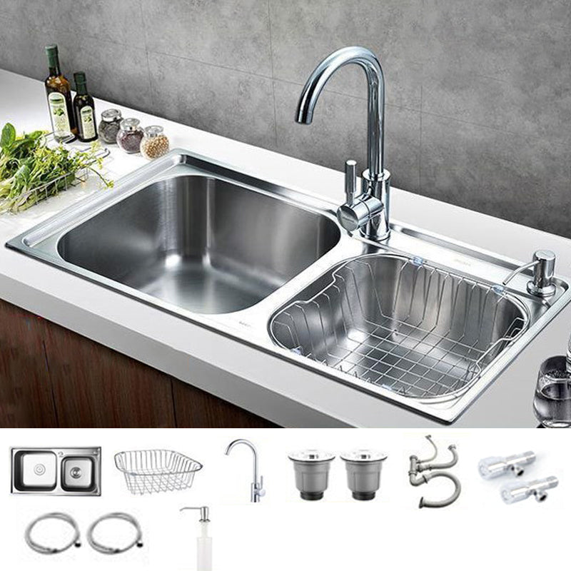 Modern Stainless Steel Kitchen Sink Double Sink Kitchen Sink with Basket Strainer Sink with Faucet Round Faucet Clearhalo 'Home Improvement' 'home_improvement' 'home_improvement_kitchen_sinks' 'Kitchen Remodel & Kitchen Fixtures' 'Kitchen Sinks & Faucet Components' 'Kitchen Sinks' 'kitchen_sinks' 6727458