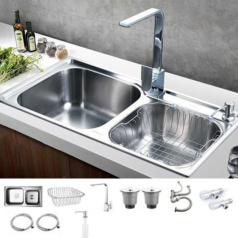 Modern Stainless Steel Kitchen Sink Double Sink Kitchen Sink with Basket Strainer Sink with Faucet Square Faucet Clearhalo 'Home Improvement' 'home_improvement' 'home_improvement_kitchen_sinks' 'Kitchen Remodel & Kitchen Fixtures' 'Kitchen Sinks & Faucet Components' 'Kitchen Sinks' 'kitchen_sinks' 6727459