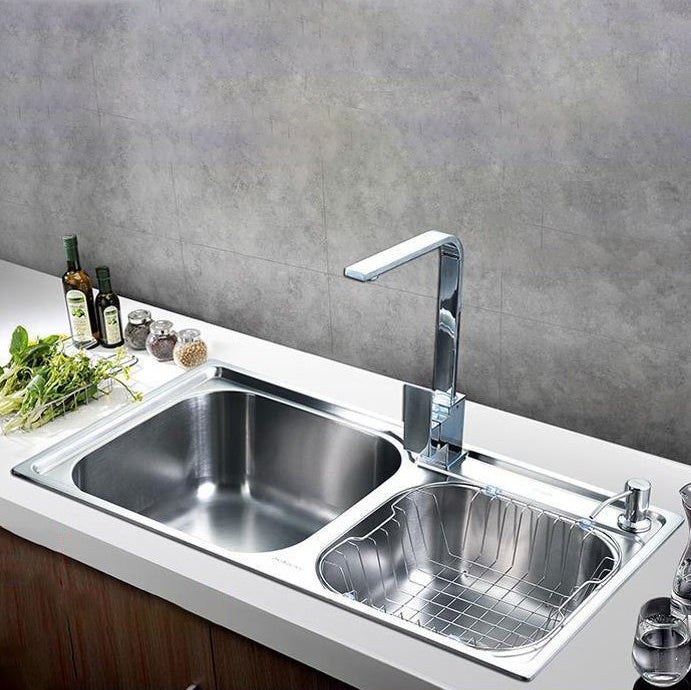 Modern Stainless Steel Kitchen Sink Double Sink Kitchen Sink with Basket Strainer 32"L x 17"W x 8"H Sink with Faucet Square Faucet Clearhalo 'Home Improvement' 'home_improvement' 'home_improvement_kitchen_sinks' 'Kitchen Remodel & Kitchen Fixtures' 'Kitchen Sinks & Faucet Components' 'Kitchen Sinks' 'kitchen_sinks' 6727460