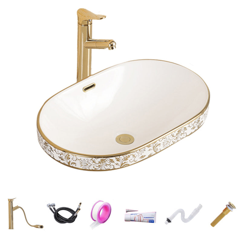 Traditional Bathroom Sink Porcelain Oval-Shape Vessel Bathroom Sink with Pop-Up Drain 23.6"L x 15.7"W x 8.3"H Pull Out Faucet Sink with Faucet Clearhalo 'Bathroom Remodel & Bathroom Fixtures' 'Bathroom Sinks & Faucet Components' 'Bathroom Sinks' 'bathroom_sink' 'Home Improvement' 'home_improvement' 'home_improvement_bathroom_sink' 6727608