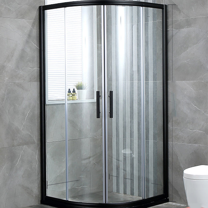 Linear Sliding Shower Enclosure Metal Semi-Frameless Shower Enclosure 39.4"L x 39.4"W x 76.8"H Aluminum Black Clearhalo 'Bathroom Remodel & Bathroom Fixtures' 'Home Improvement' 'home_improvement' 'home_improvement_shower_stalls_enclosures' 'Shower Stalls & Enclosures' 'shower_stalls_enclosures' 'Showers & Bathtubs' 6727684