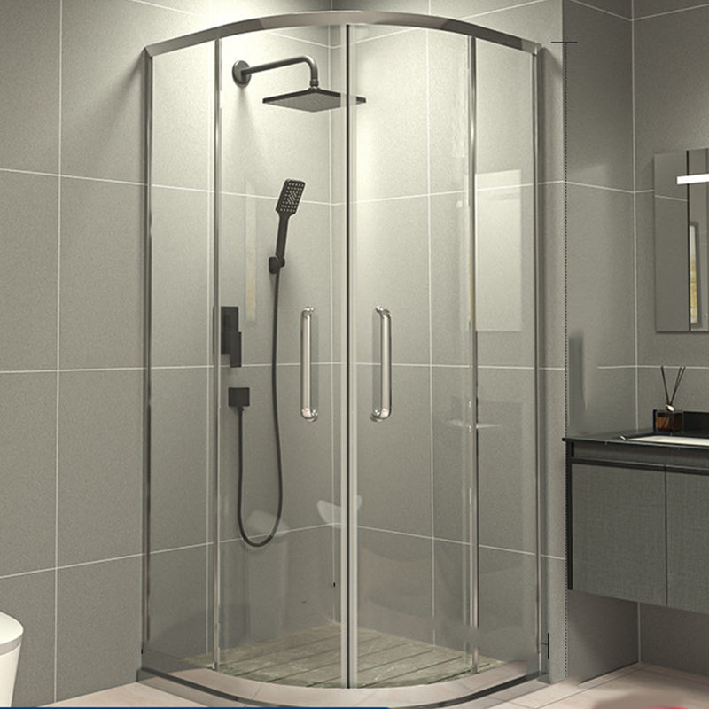 Linear Sliding Shower Enclosure Metal Semi-Frameless Shower Enclosure 39.4"L x 39.4"W x 76.8"H Stainless Steel Silver Clearhalo 'Bathroom Remodel & Bathroom Fixtures' 'Home Improvement' 'home_improvement' 'home_improvement_shower_stalls_enclosures' 'Shower Stalls & Enclosures' 'shower_stalls_enclosures' 'Showers & Bathtubs' 6727685