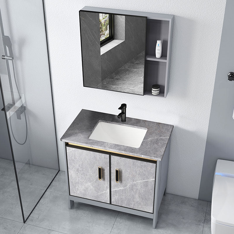 Contemporary Sink Cabinet Freestanding Mirror Cabinet Bathroom Vanity Set in Gray Vanity & Faucet & Mirror Cabinet 28"L x 19"W x 30"H Clearhalo 'Bathroom Remodel & Bathroom Fixtures' 'Bathroom Vanities' 'bathroom_vanities' 'Home Improvement' 'home_improvement' 'home_improvement_bathroom_vanities' 6727804