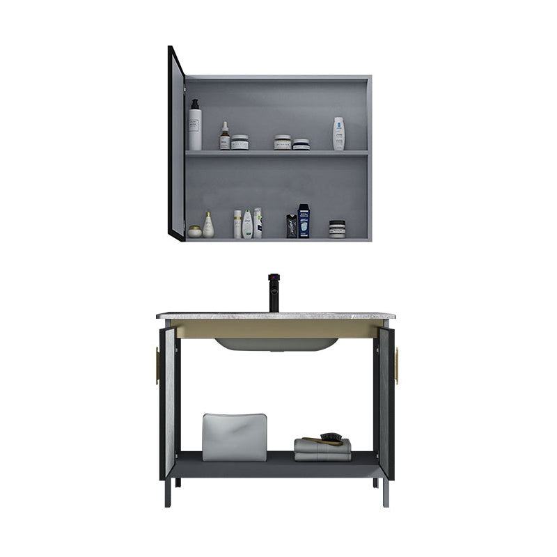 Contemporary Sink Cabinet Freestanding Mirror Cabinet Bathroom Vanity Set in Gray Clearhalo 'Bathroom Remodel & Bathroom Fixtures' 'Bathroom Vanities' 'bathroom_vanities' 'Home Improvement' 'home_improvement' 'home_improvement_bathroom_vanities' 6727805