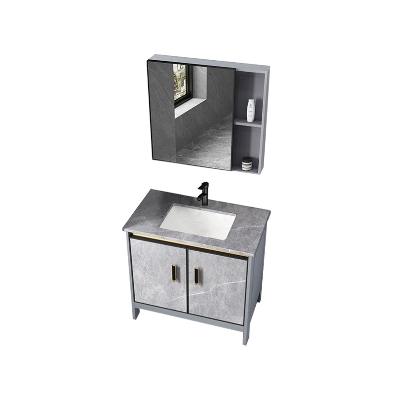 Contemporary Sink Cabinet Freestanding Mirror Cabinet Bathroom Vanity Set in Gray Vanity & Faucet & Mirror Cabinet 31"L x 19"W x 30"H Clearhalo 'Bathroom Remodel & Bathroom Fixtures' 'Bathroom Vanities' 'bathroom_vanities' 'Home Improvement' 'home_improvement' 'home_improvement_bathroom_vanities' 6727808