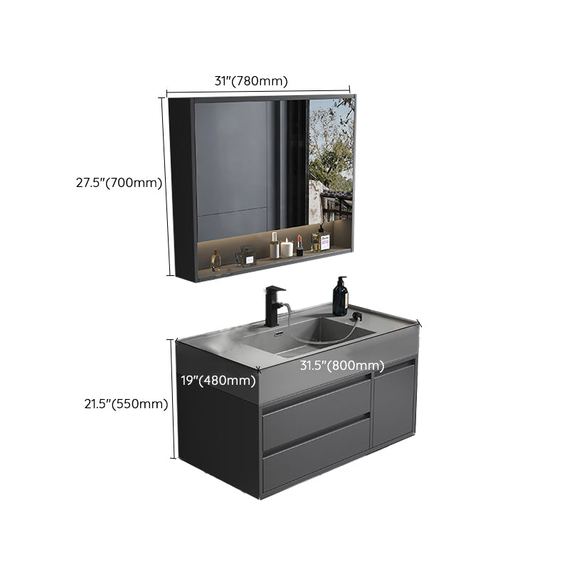 Single Sink Grey Vanity Shelving Included Mirror Rectangle Vanity with 2 Drawers Clearhalo 'Bathroom Remodel & Bathroom Fixtures' 'Bathroom Vanities' 'bathroom_vanities' 'Home Improvement' 'home_improvement' 'home_improvement_bathroom_vanities' 6727849
