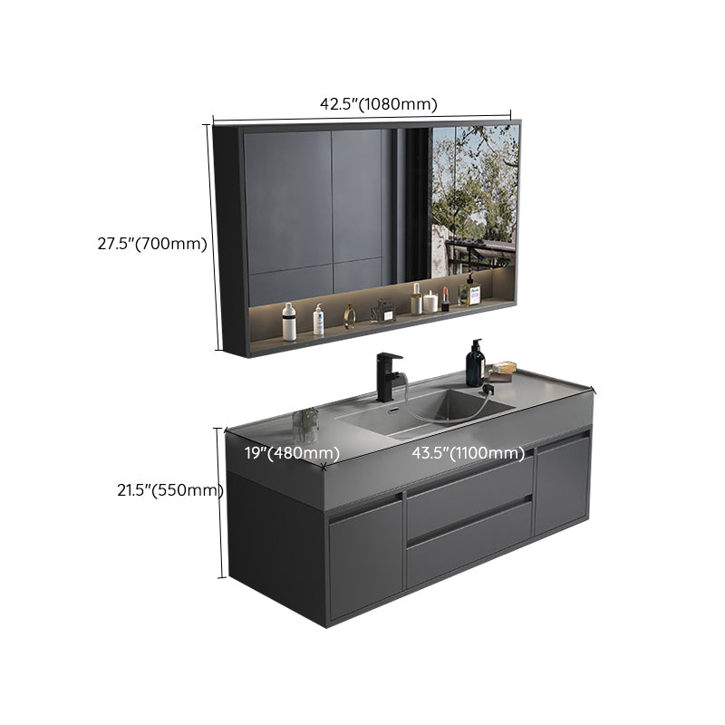 Single Sink Grey Vanity Shelving Included Mirror Rectangle Vanity with 2 Drawers Clearhalo 'Bathroom Remodel & Bathroom Fixtures' 'Bathroom Vanities' 'bathroom_vanities' 'Home Improvement' 'home_improvement' 'home_improvement_bathroom_vanities' 6727852