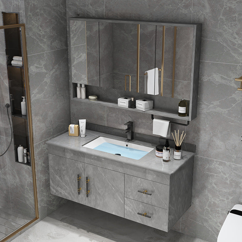 Stone Top Vanity Set Single Sink Mirror Drawers Wall-Mounted Rectangle Vanity with 2 Doors Vanity & Faucet & Mirror Cabinet Gray Clearhalo 'Bathroom Remodel & Bathroom Fixtures' 'Bathroom Vanities' 'bathroom_vanities' 'Home Improvement' 'home_improvement' 'home_improvement_bathroom_vanities' 6727866