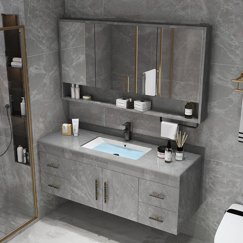 Stone Top Vanity Set Single Sink Mirror Drawers Wall-Mounted Rectangle Vanity with 2 Doors Vanity & Faucet & Mirror Cabinet Gray Clearhalo 'Bathroom Remodel & Bathroom Fixtures' 'Bathroom Vanities' 'bathroom_vanities' 'Home Improvement' 'home_improvement' 'home_improvement_bathroom_vanities' 6727867