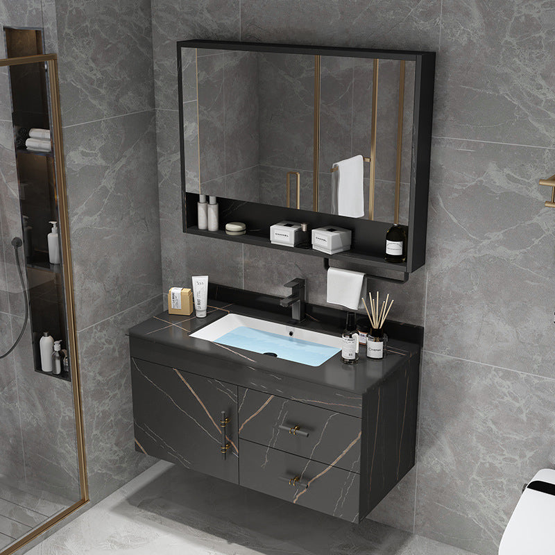 Stone Top Vanity Set Single Sink Mirror Drawers Wall-Mounted Rectangle Vanity with 2 Doors Vanity & Faucet & Mirror Cabinet Black Clearhalo 'Bathroom Remodel & Bathroom Fixtures' 'Bathroom Vanities' 'bathroom_vanities' 'Home Improvement' 'home_improvement' 'home_improvement_bathroom_vanities' 6727869