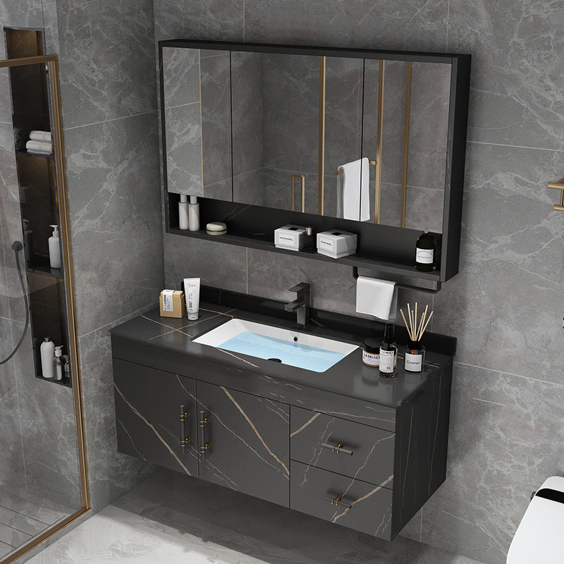 Stone Top Vanity Set Single Sink Mirror Drawers Wall-Mounted Rectangle Vanity with 2 Doors Vanity & Faucet & Mirror Cabinet Black Clearhalo 'Bathroom Remodel & Bathroom Fixtures' 'Bathroom Vanities' 'bathroom_vanities' 'Home Improvement' 'home_improvement' 'home_improvement_bathroom_vanities' 6727872