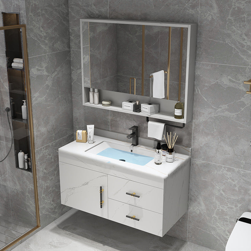 Stone Top Vanity Set Single Sink Mirror Drawers Wall-Mounted Rectangle Vanity with 2 Doors Vanity & Faucet & Mirror Cabinet White Clearhalo 'Bathroom Remodel & Bathroom Fixtures' 'Bathroom Vanities' 'bathroom_vanities' 'Home Improvement' 'home_improvement' 'home_improvement_bathroom_vanities' 6727876