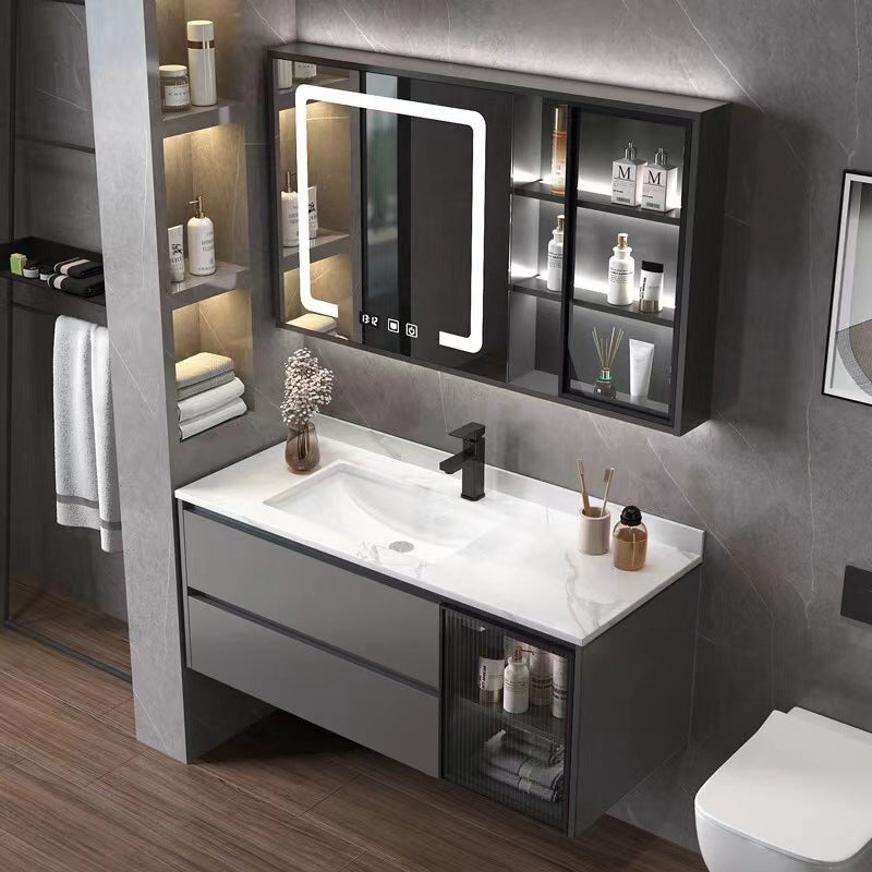 Wall Mount Bath Vanity Grey Metal Frame Mirror Single Sink Bathroom Vanity with Drawers Clearhalo 'Bathroom Remodel & Bathroom Fixtures' 'Bathroom Vanities' 'bathroom_vanities' 'Home Improvement' 'home_improvement' 'home_improvement_bathroom_vanities' 6727961