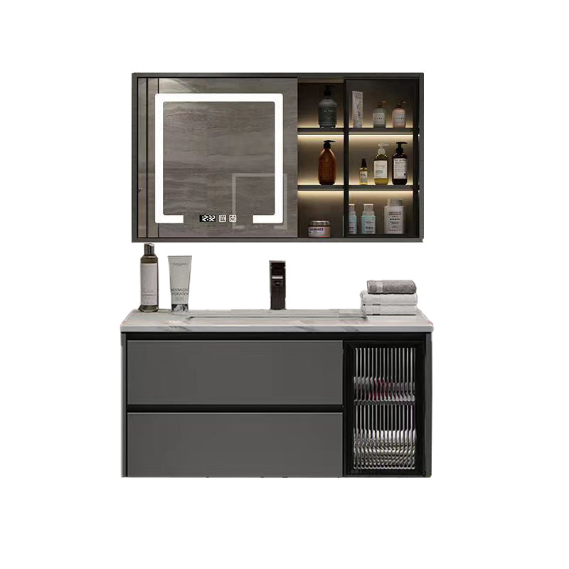 Wall Mount Bath Vanity Grey Metal Frame Mirror Single Sink Bathroom Vanity with Drawers Vanity & Faucet & Fully Sealed Smart Mirror Cabinet Stone Clearhalo 'Bathroom Remodel & Bathroom Fixtures' 'Bathroom Vanities' 'bathroom_vanities' 'Home Improvement' 'home_improvement' 'home_improvement_bathroom_vanities' 6727964
