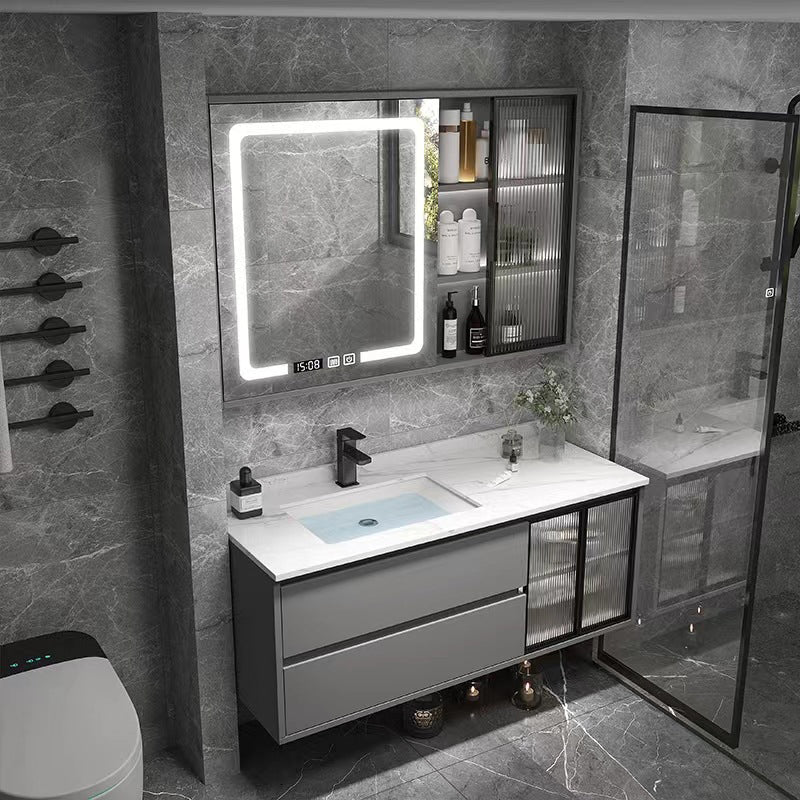 Wall Mount Bath Vanity Grey Metal Frame Mirror Single Sink Bathroom Vanity with Drawers Clearhalo 'Bathroom Remodel & Bathroom Fixtures' 'Bathroom Vanities' 'bathroom_vanities' 'Home Improvement' 'home_improvement' 'home_improvement_bathroom_vanities' 6727968