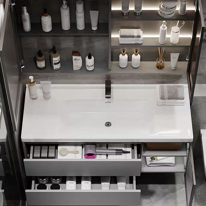 Wall Mount Bath Vanity Grey Metal Frame Mirror Single Sink Bathroom Vanity with Drawers Clearhalo 'Bathroom Remodel & Bathroom Fixtures' 'Bathroom Vanities' 'bathroom_vanities' 'Home Improvement' 'home_improvement' 'home_improvement_bathroom_vanities' 6727971