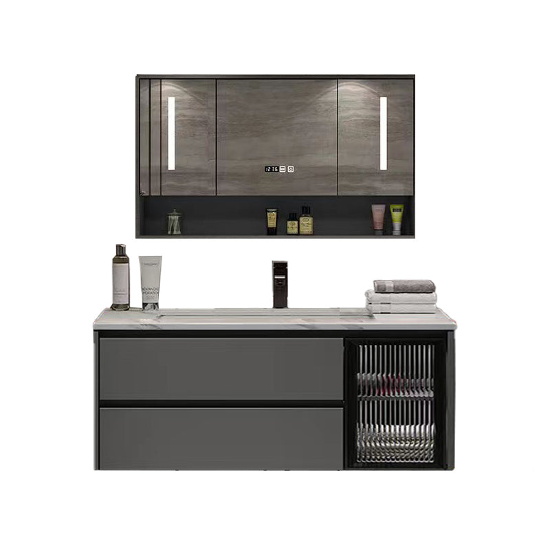 Wall Mount Bath Vanity Grey Metal Frame Mirror Single Sink Bathroom Vanity with Drawers Vanity & Faucet & Smart Medicine Cabinet Stone Clearhalo 'Bathroom Remodel & Bathroom Fixtures' 'Bathroom Vanities' 'bathroom_vanities' 'Home Improvement' 'home_improvement' 'home_improvement_bathroom_vanities' 6727972