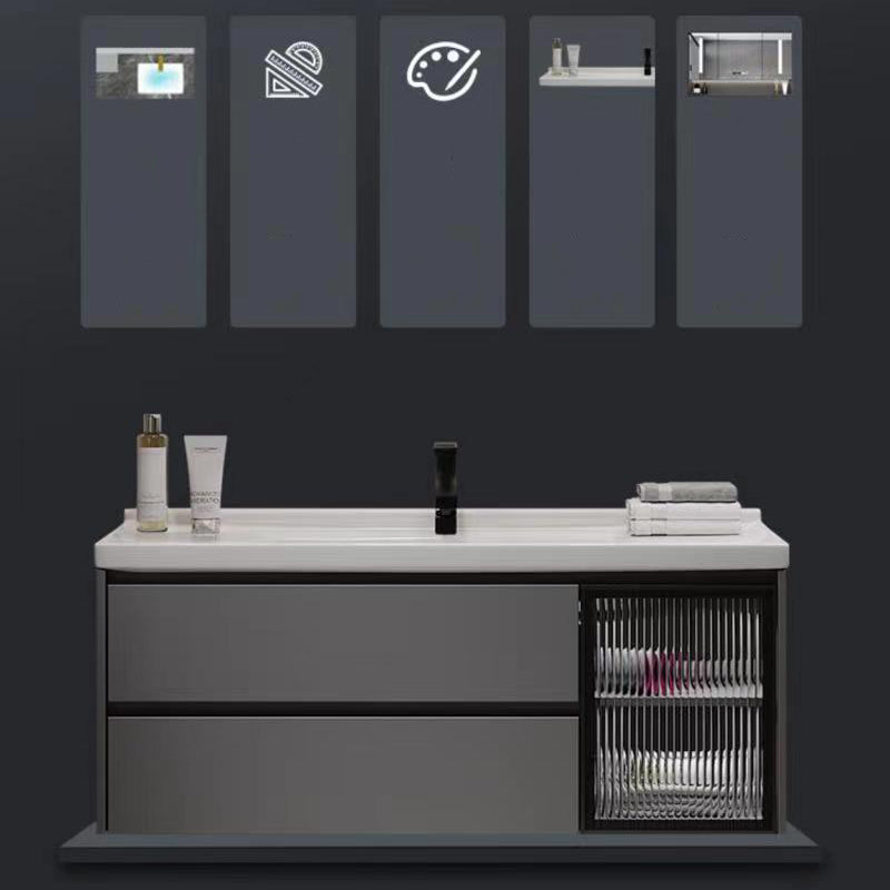 Wall Mount Bath Vanity Grey Metal Frame Mirror Single Sink Bathroom Vanity with Drawers Clearhalo 'Bathroom Remodel & Bathroom Fixtures' 'Bathroom Vanities' 'bathroom_vanities' 'Home Improvement' 'home_improvement' 'home_improvement_bathroom_vanities' 6727976