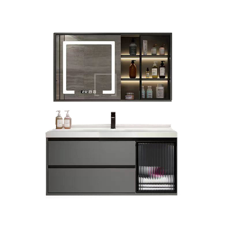 Wall Mount Bath Vanity Grey Metal Frame Mirror Single Sink Bathroom Vanity with Drawers Vanity & Faucet & Fully Sealed Smart Mirror Cabinet Ceramic Clearhalo 'Bathroom Remodel & Bathroom Fixtures' 'Bathroom Vanities' 'bathroom_vanities' 'Home Improvement' 'home_improvement' 'home_improvement_bathroom_vanities' 6727984