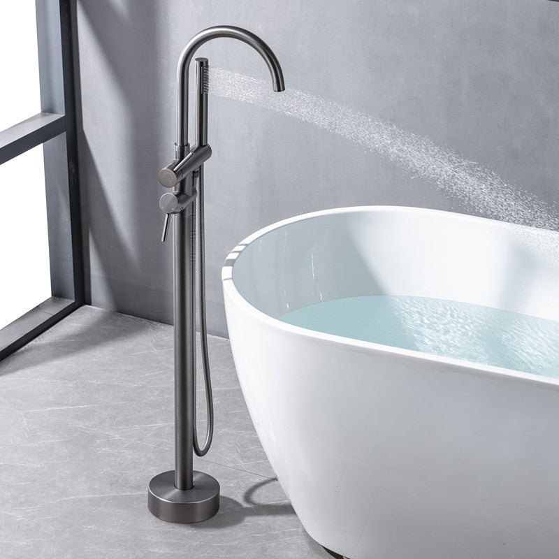 Modern Floor Mounted Metal Freestanding Tub Filler Swivel High Arc Freestanding Faucet 2 Handle Faucets Hand Shower Included Ground Clearhalo 'Bathroom Remodel & Bathroom Fixtures' 'Bathtub Faucets' 'bathtub_faucets' 'Home Improvement' 'home_improvement' 'home_improvement_bathtub_faucets' 6728055