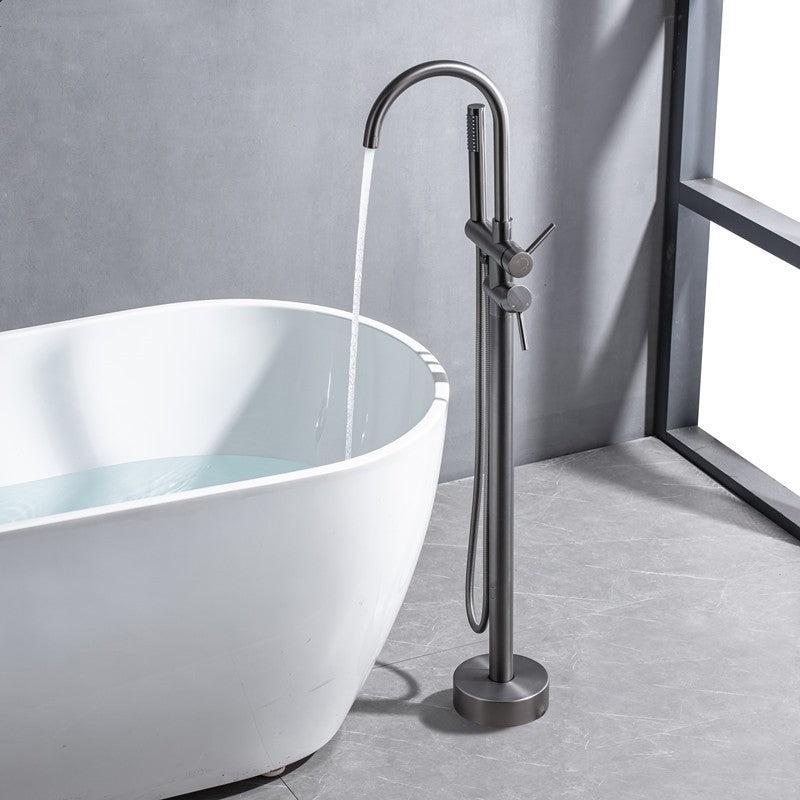 Modern Floor Mounted Metal Freestanding Tub Filler Swivel High Arc Freestanding Faucet Clearhalo 'Bathroom Remodel & Bathroom Fixtures' 'Bathtub Faucets' 'bathtub_faucets' 'Home Improvement' 'home_improvement' 'home_improvement_bathtub_faucets' 6728057