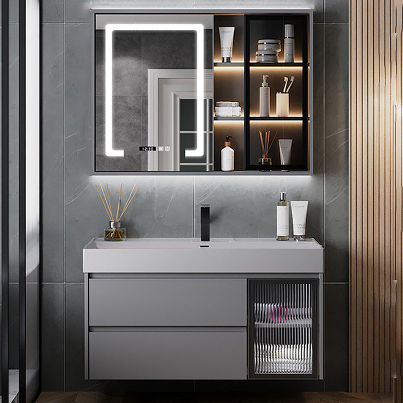 Contemporary Vanity Sink Wooden Wall-Mounted Bathroom Vanity Cabinet in Gray Vanity & Faucet & Mirror Cabinet 39"L x 19"W x 20"H Smart Control Included Clearhalo 'Bathroom Remodel & Bathroom Fixtures' 'Bathroom Vanities' 'bathroom_vanities' 'Home Improvement' 'home_improvement' 'home_improvement_bathroom_vanities' 6729256