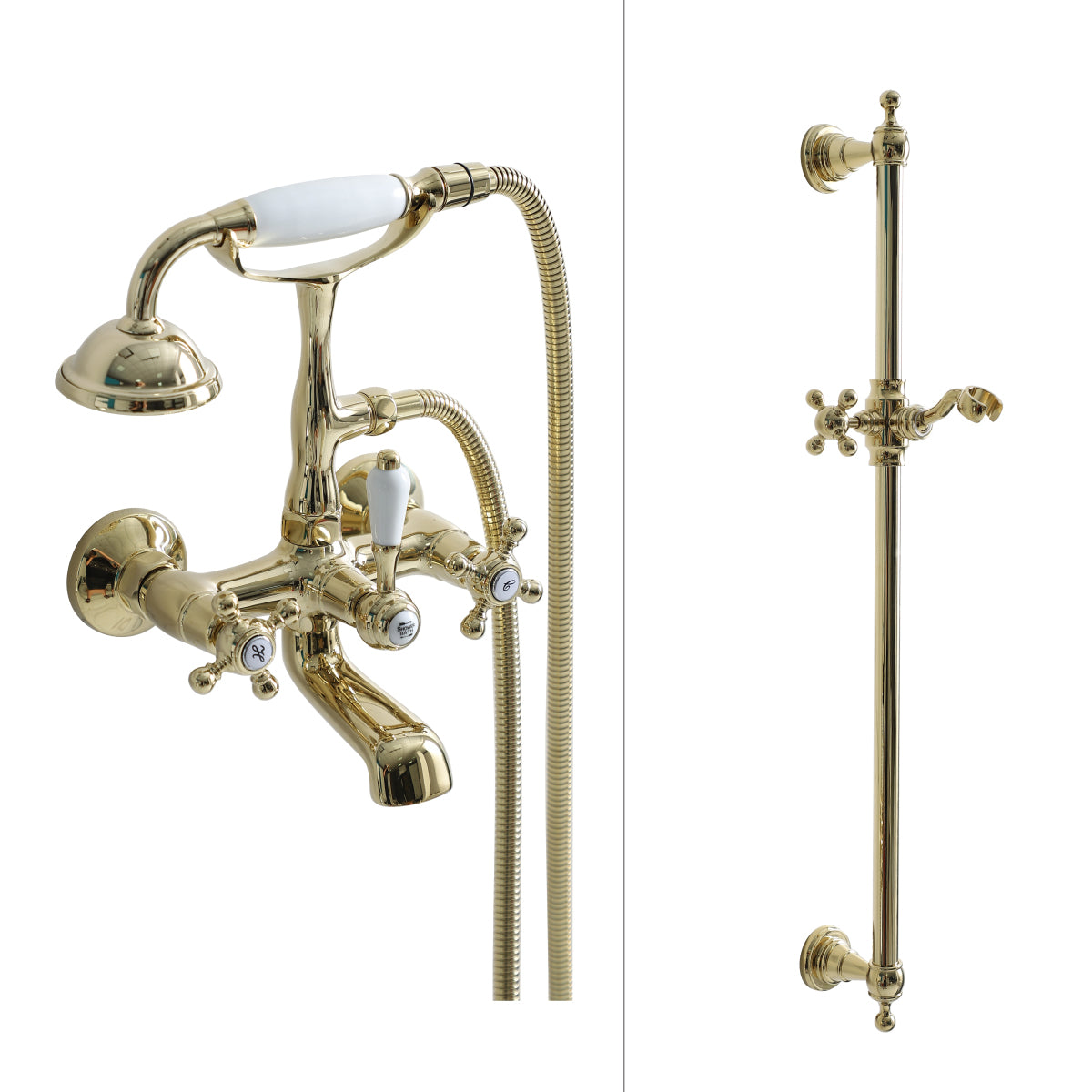 Glam Retro Wall Mounted Metal Claw Foot Tub Faucet Trim Low Arc Claw Foot Tub Faucet Gold Risers Included Clearhalo 'Bathroom Remodel & Bathroom Fixtures' 'Bathtub Faucets' 'bathtub_faucets' 'Home Improvement' 'home_improvement' 'home_improvement_bathtub_faucets' 6730438