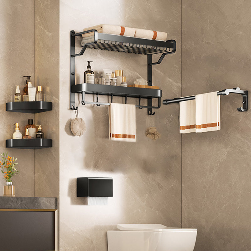 Modern Bathroom Set Matte Black Bath Shelf Towel Bar Bathroom Accessory Kit 5-Piece Set (Double Rods) Clearhalo 'Bathroom Hardware Sets' 'Bathroom Hardware' 'Bathroom Remodel & Bathroom Fixtures' 'bathroom_hardware_sets' 'Home Improvement' 'home_improvement' 'home_improvement_bathroom_hardware_sets' 6737904